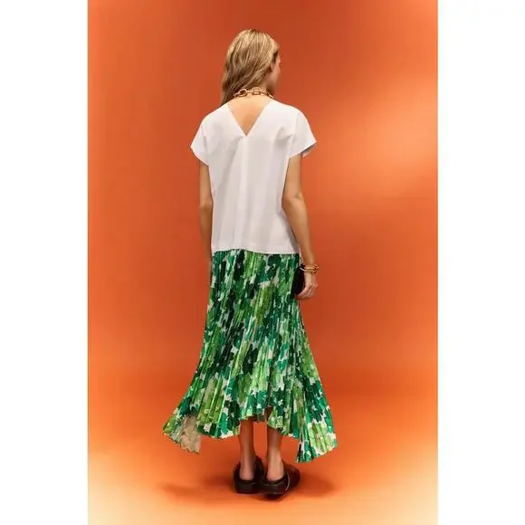 PLAN C x RTR Green Abstract Satin Pleated Cotton Blend Maxi Dress Size S